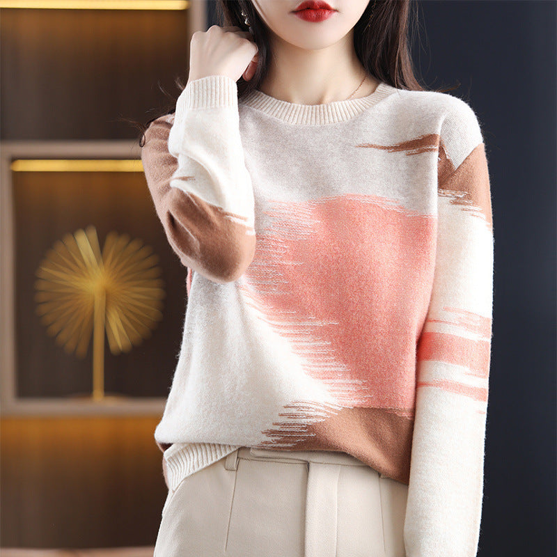 Fashion Round Neck Contrast Color Sweater Women's Autumn And Winter New Casual Loose